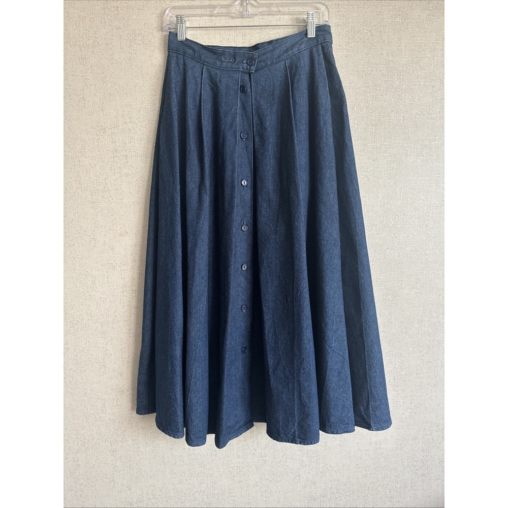 Denim Midi Skirt Dark Wash Blue 100% Cotton Button From Size 11/12 USA